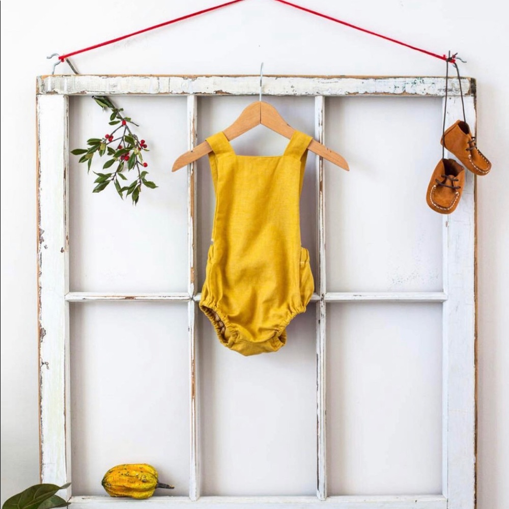 Handmade Linen Romper Gender Neutral Mustard 3-6mo